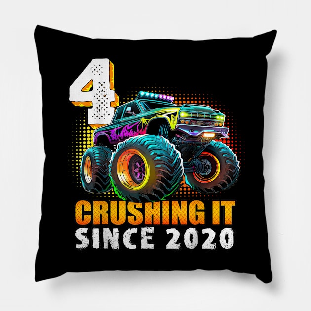 Monster Truck 4 Year Old Boys 4th Birthday Party Born 2020 Pillow by elmiragokoryan