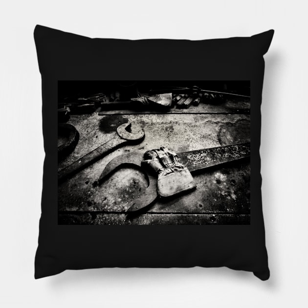 Industrial interior, old wrench and gloves, black and white Pillow by Reinvention