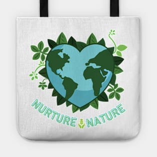 Nurture Nature, Love Earth Save the Earth Go Green. Earth Day April 22 | Heart Shaped World Globe with Leaves Earth Day Awareness Tote