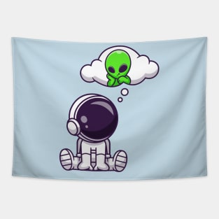 Cute Astronaut Thinking Of Alien Cartoon Tapestry