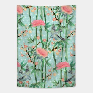 Bamboo, Birds and Blossom - soft blue green Tapestry