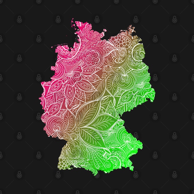 Colorful mandala art map of Germany with text in pink and green by Happy Citizen