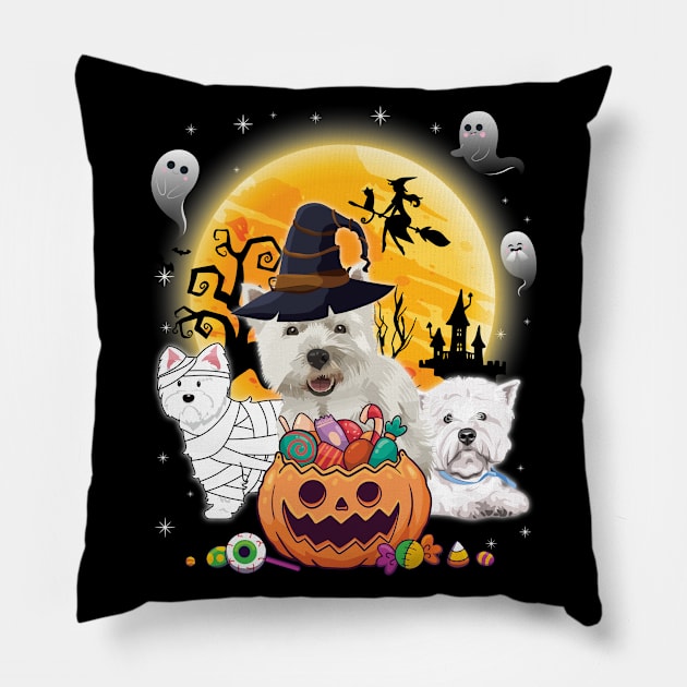 Westie Dog Mummy Witch Moon Ghosts Happy Halloween Thanksgiving Merry Christmas Day Pillow by joandraelliot