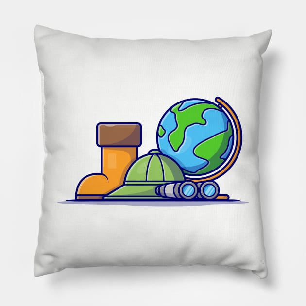 Boot Shoes with Hat, Binoculars and Globe World Cartoon Vector Icon Illustration Pillow by Catalyst Labs