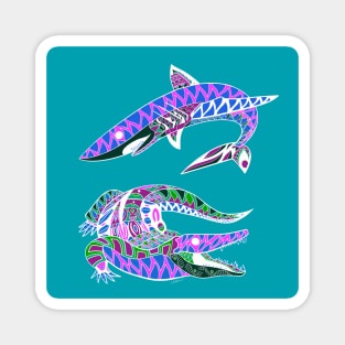 the shark and the crocodile king of the swamp and the ocean ecopop pattern in mayan floral art Magnet