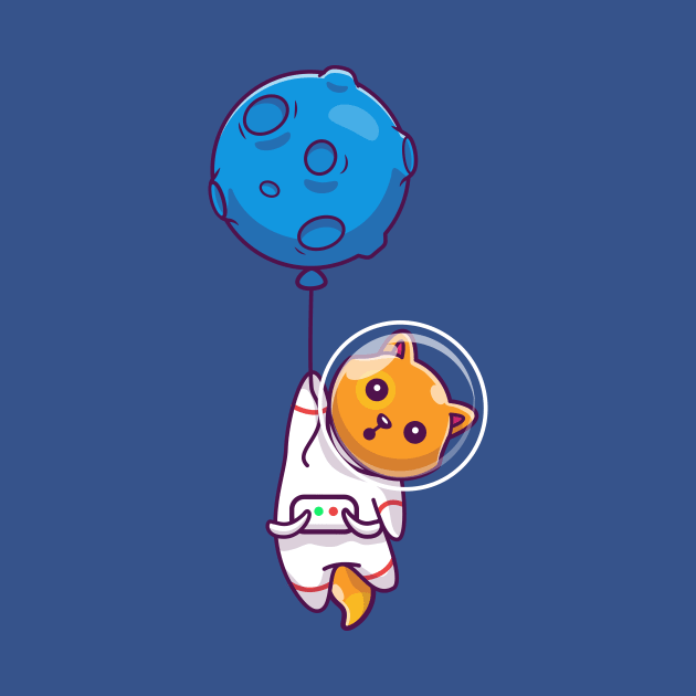 Cute Cat Astronaut Floating And Holding Balloon Cartoon by Catalyst Labs