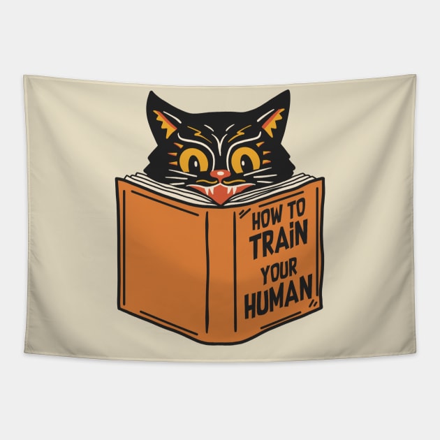 How To Train Your Human - Vintage Funny Cat Tapestry by devilcat.art