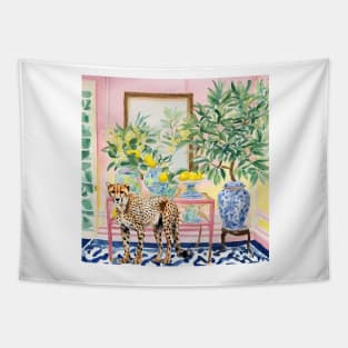 Cheetah in chinoiserie interior with lemon tree Tapestry