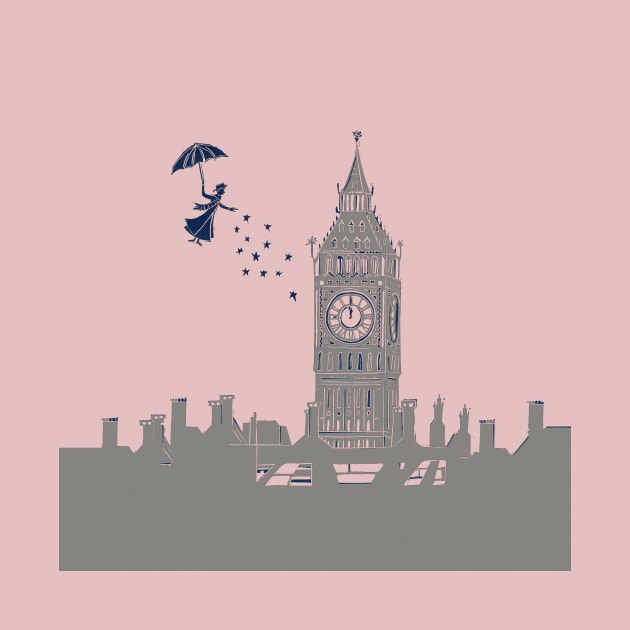 Mary Poppins Flying over Big Ben Linocut in Pink and Grey by Maddybennettart