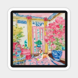 Fox terrier chasing tennis ball in chinoiserie interior Magnet