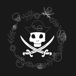 Pirate skull hat swords and flowers T-Shirt