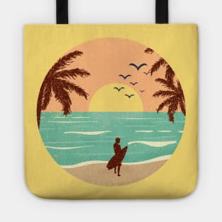 Retro Beach Scene at Sunset with Surfer Tote