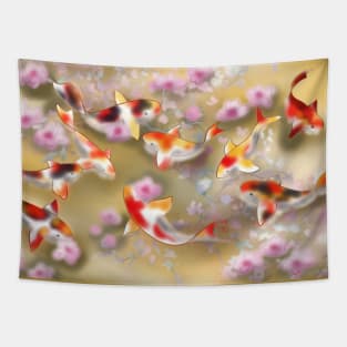 Sakura and koi carp in gold pond Tapestry