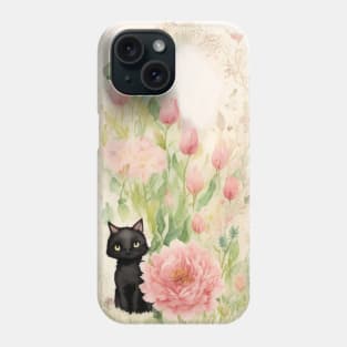 Black Kitty in Flower Garden Soft Pastel Colors Phone Case