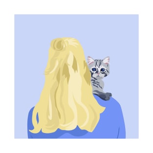 Blonde woman with cat on her shoulder T-Shirt