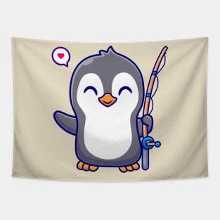 Cute Penguin With Fishing Rod Cartoon Tapestry