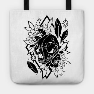 Cat skull, crystals, and peonies in black Tote