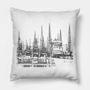 Peaceful Setting in Black and White - Outline of Boats in a Marina Pillow