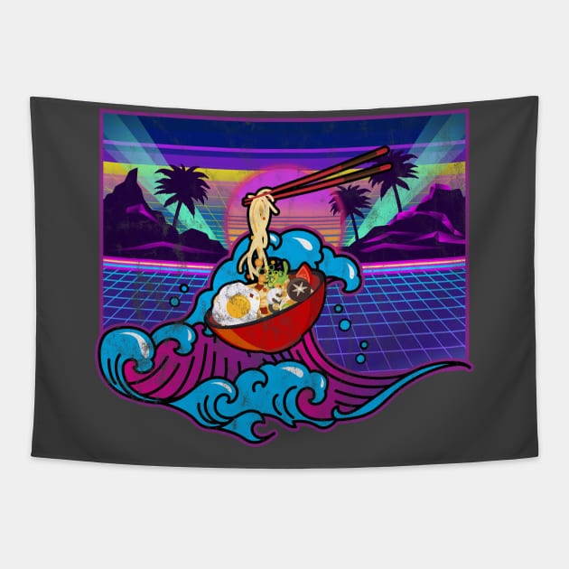 Vaporwave Anime Japanese Ramen Noodles Bowl Great Wave Otaku Tapestry by Blink_Imprints10