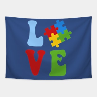 Love written with puzzle piece for autism awareness Tapestry