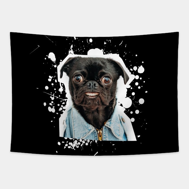 Smiling dog in a denim jacket with human teeth Tapestry by I-dsgn