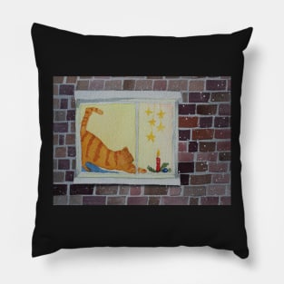 Red tabby cat in the window watercolor Christmas painting Pillow