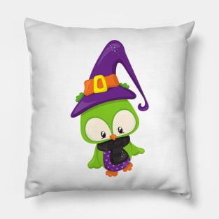 Halloween Owl, Cute Owl, Green Owl, Witch Hat Pillow