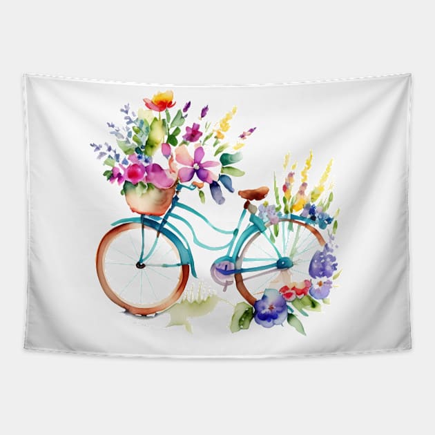 Pretty watercolor Bike with Basket of Flowers Tapestry by tfortwo