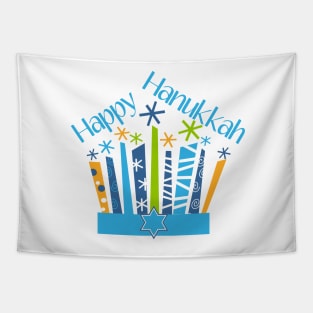 Happy Hanukkah Candles in Blue and Gold Tapestry