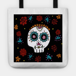 Sugar Skull and Roses black background Tote
