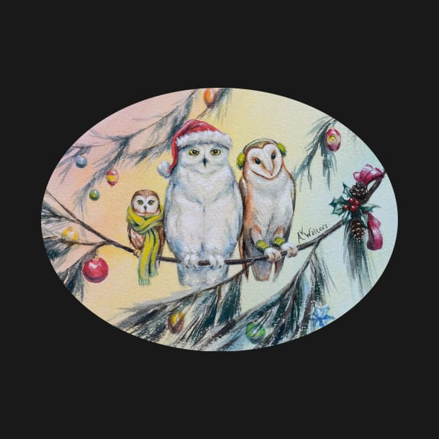 Owl Trio and Christmas Baubles in Fir Trees by AnimalWhimsy