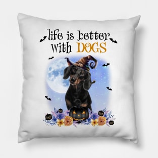 Dachshund Witch Hat Life Is Better With Dogs Halloween Pillow