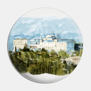 Montecassino Abbey in the Italian Mountains Watercolour Painting Pin