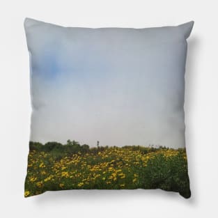 Flower Field, Cloudy Sky in San Diego Pillow