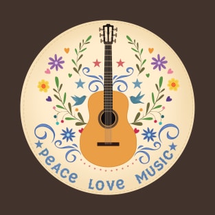 Peace Love And Music Folk Guitar Badge T-Shirt