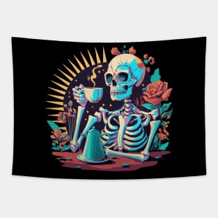 Skeleton with coffee and roses Tapestry