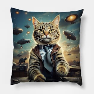 Cat Character and Alien Ufo Pillow