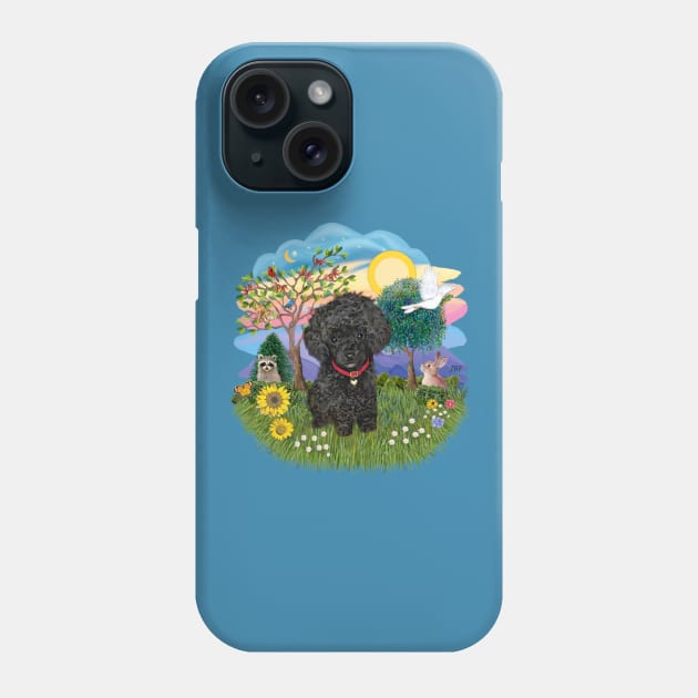 A Scenic Meadow With a Fluffy Black Toy Poodle Phone Case by Dogs Galore and More