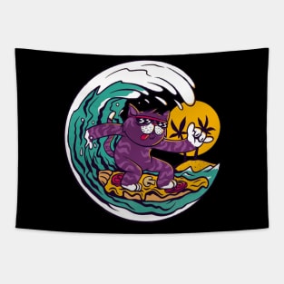 cat surfing, cat surfing, surfs up cat, cat on surfboard, cat riding waves, Tapestry