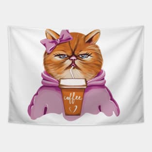 Cat with Coffee in pink hoodie Tapestry