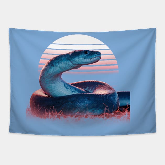 Blue anaconda in retro sunset Tapestry by Spaceboyishere