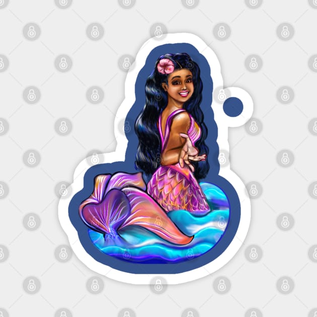 Mermaid Pacific princess  2 with rainbow coloured colored fins, hibiscus, outstretched  arm, brown eyes, Curly hair  and caramel brown skin - light background Magnet by Artonmytee