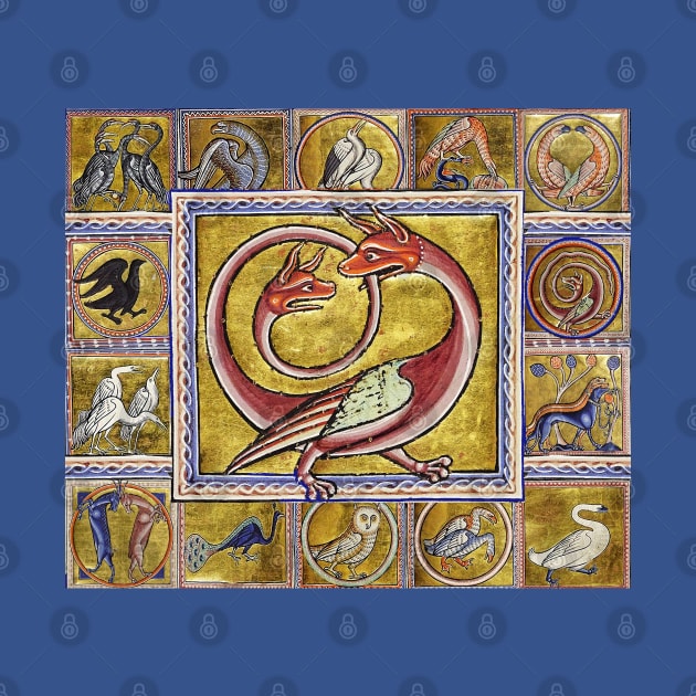 MEDIEVAL BESTIARY,TWO HEADED RED DRAGON, FANTASTIC ANIMALS IN GOLD RED BLUE COLORS by BulganLumini