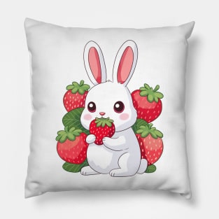 Strawberry bunny - cute kawaii bunny and Strawberry art Pillow