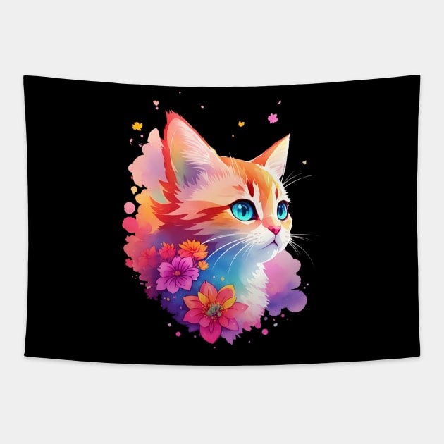 Colorful Watercolor Cute Cat Tapestry by PlayfulPrints