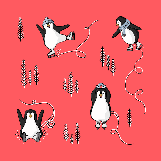 Cute Winter Iceskating Penguins Pattern Digital Illustration by AlmightyClaire