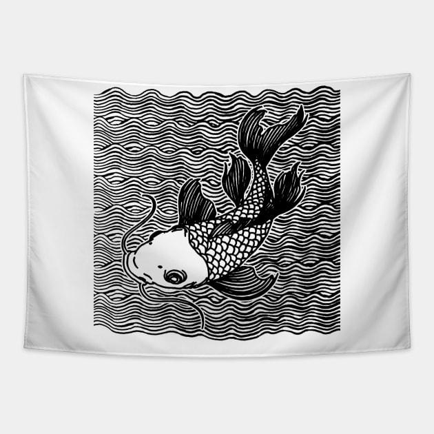 Koi Fish Great Wave Tattoo V2 Blk Tapestry by ebayson74@gmail.com