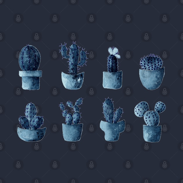 One cactus six cacti in indigo blue by Aidi Riera