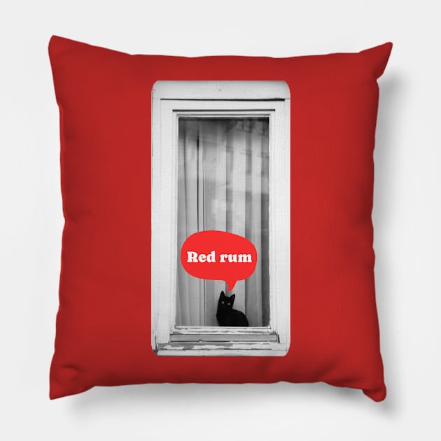 Red Rum Cute Murderous Black Cat Funny Design Pillow by Flourescent Flamingo