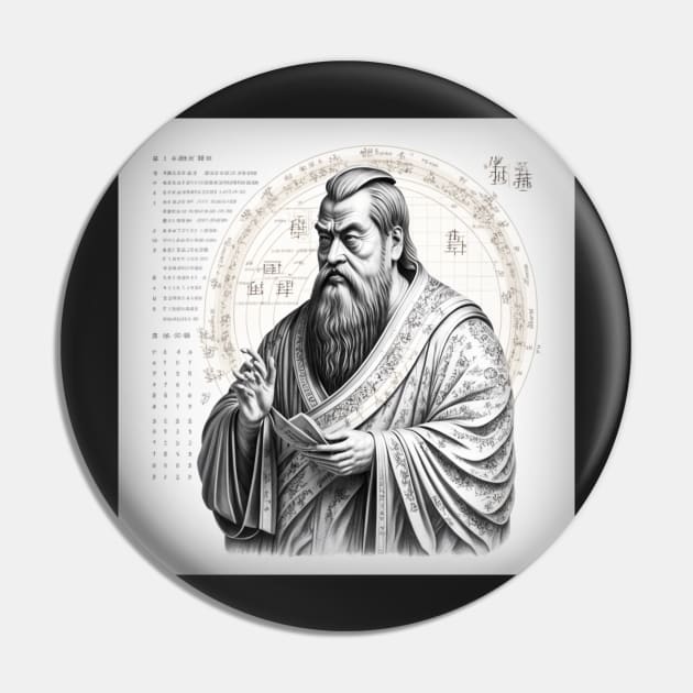 Confucius Portrait in Fibonacci Style Spiral Infographic Hand Drawn Pin by RAGANADesign